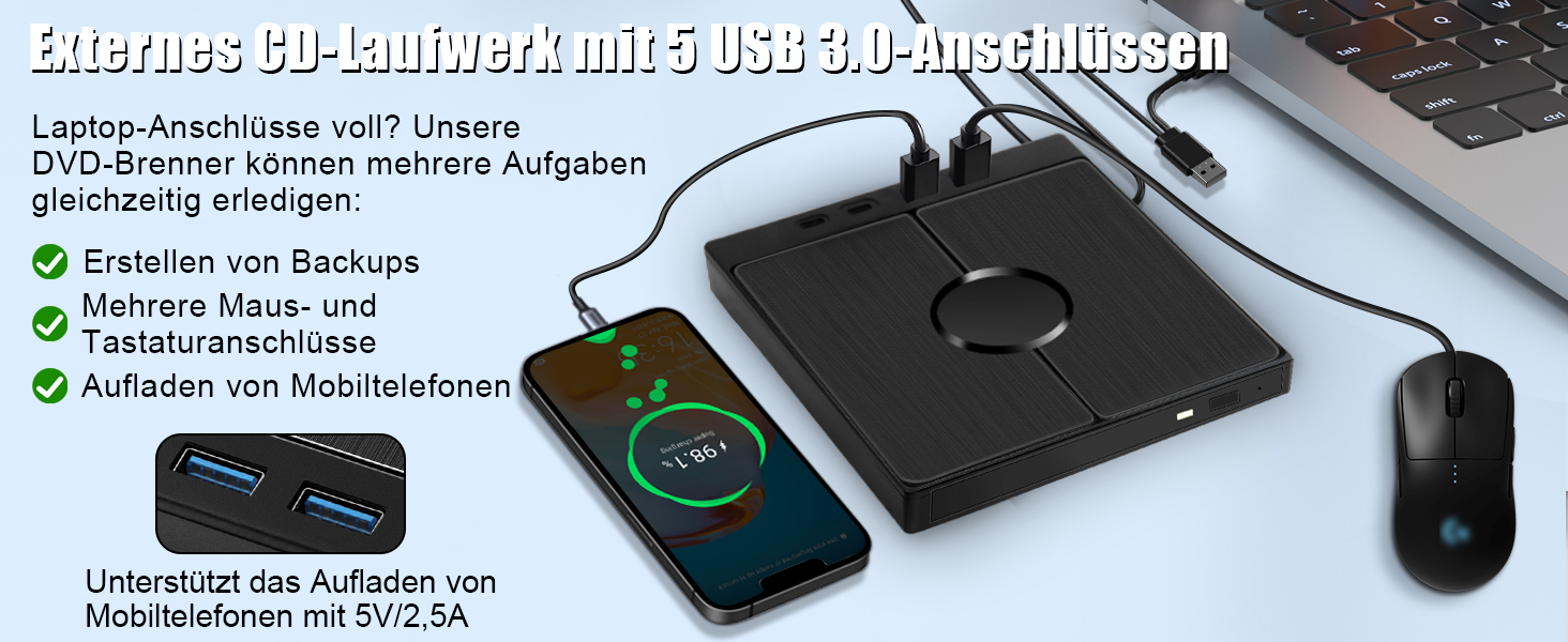 Зовнішній CD/DVD привід USB 3.0 Type-C з картридером SD/TF, портативний CD/DVD записувач для ноутбука, ПК, MacBook (Windows, macOS, Linux)