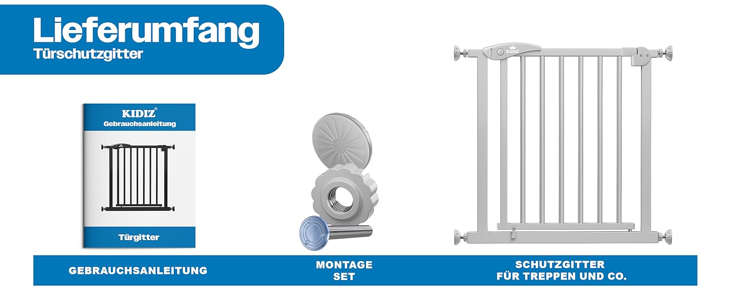 Захист для сходів KIDIZ без свердління | Ширина: 74-80 см, висота 75 см | Захист від падіння для дітей та собак | Одноручний відкривання, система Open-Stop 90°, сірий