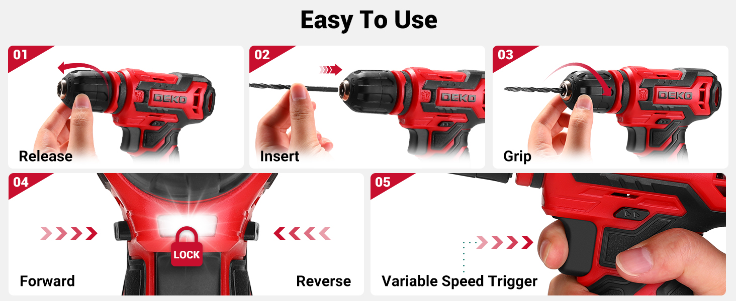 Акумуляторна дриль-шуруповерт DEKO 12V: набір інструментів 238 шт. з акумулятором для дому, ремонту та рукоділля (червоний)