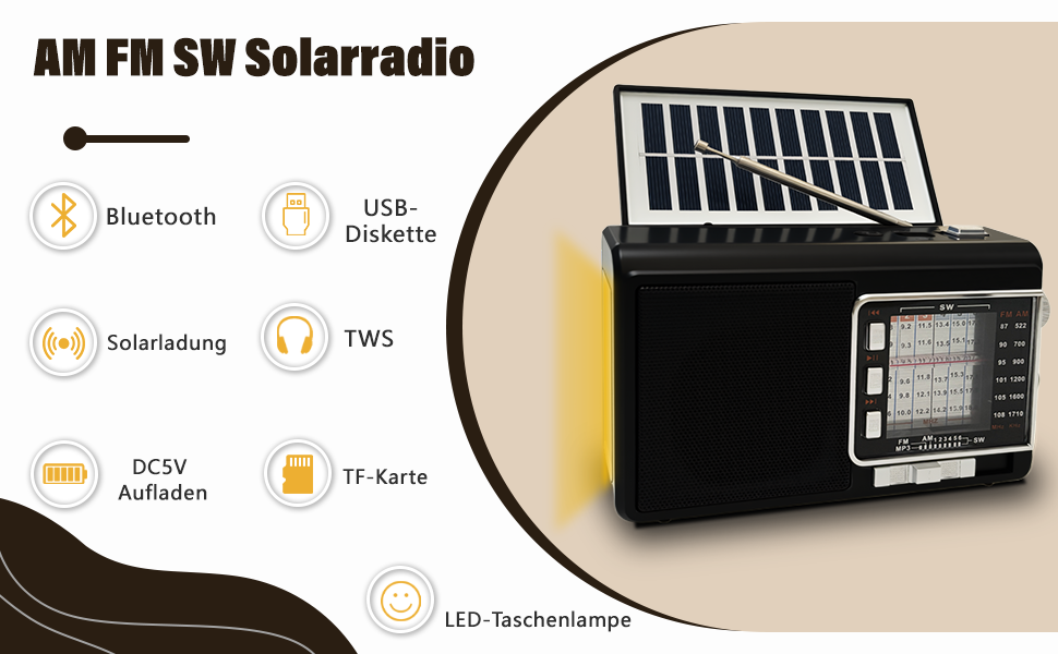 Портативне радіо на сонячній батареї з акумулятором 1200mAh, AM/FM/SW1-6, 8W динамік, Bluetooth, USB/TF, ліхтарик, кофр-радіо для кемпінгу та надзвичайних ситуацій (Чорний)