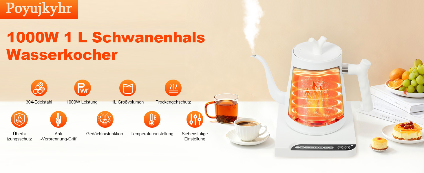 Електричний чайник-гозек Schwanenhals 1L, 1000W, регулювання температури 45-100°C, з підігрівом та захистом від перегріву