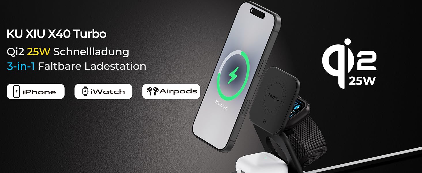 Зарядна станція KU XIU X40 Turbo Qi2.2 25W 3-в-1 для iPhone 17/16/15/14/13/12, Apple Watch та AirPods, складна бездротова зарядка, алюмінієвий адаптер GaN 45W (Чорний)