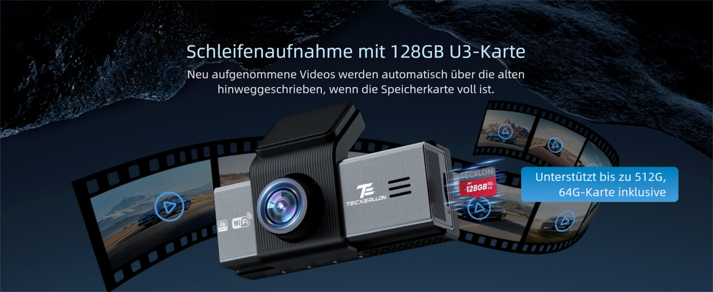 Відеореєстратор TECXERLLON 4K з ADAS, GPS, WDR, G-сенсором та нічним баченням, 24/7 парковка, 128GB карта в комплекті