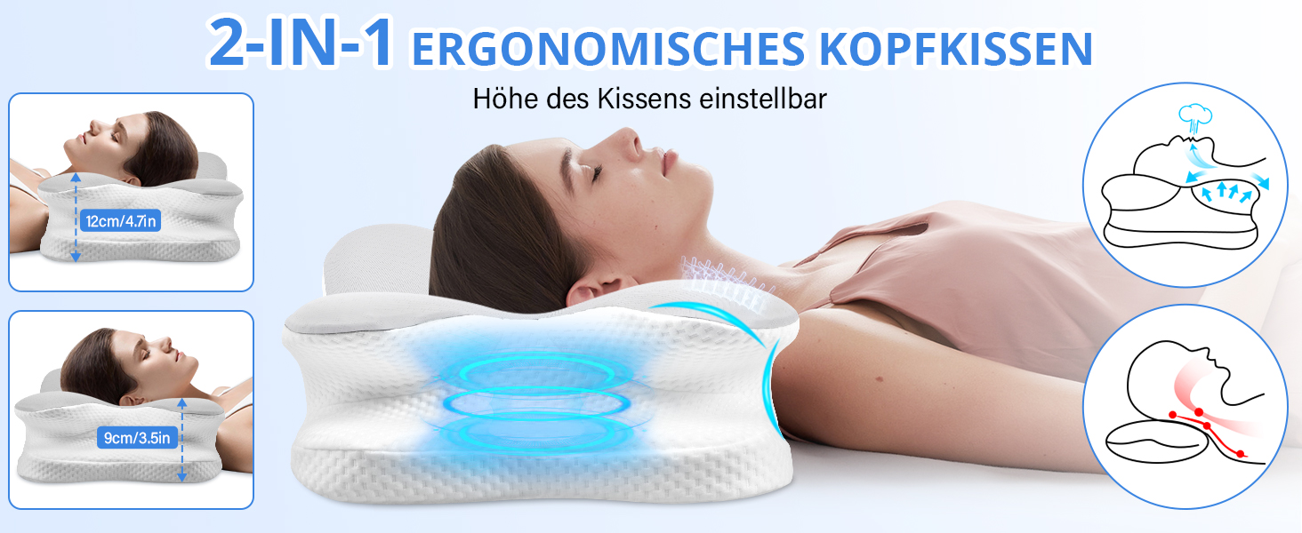Подушка для шиї Ehomfory з Memory Foam, ергономічна для сну на боці, спині та животі, 67x37x9/12 см (Срібляста)