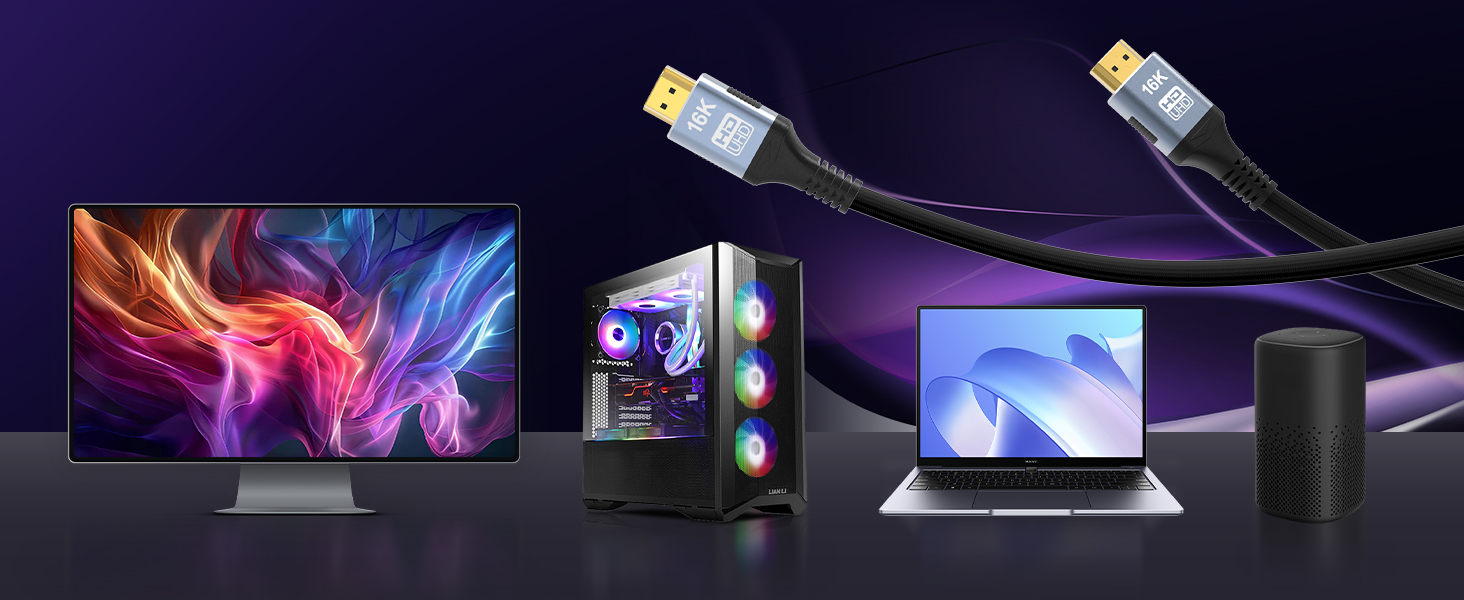 Кабель HDMI 2.2, 2 метри, 96Gbps, 16K/12K/10K/8K/4K@120Hz/240Hz/480Hz, eARC, HDR10+, Dolby Atmos/Vision, HDCP 2.2, для PS5, Xbox, Soundbar, Fire TV, HDTV