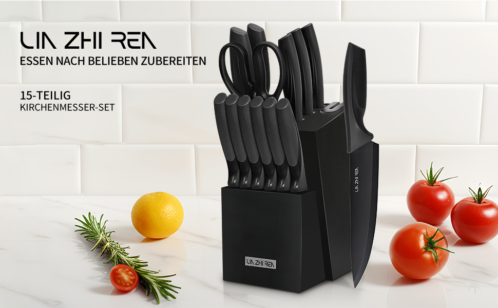 Набір ножів кухонних 15 предметів з точилкою, чорний, для нарізки, шинкування, подрібнення, безпечний для миття в посудомийній машині