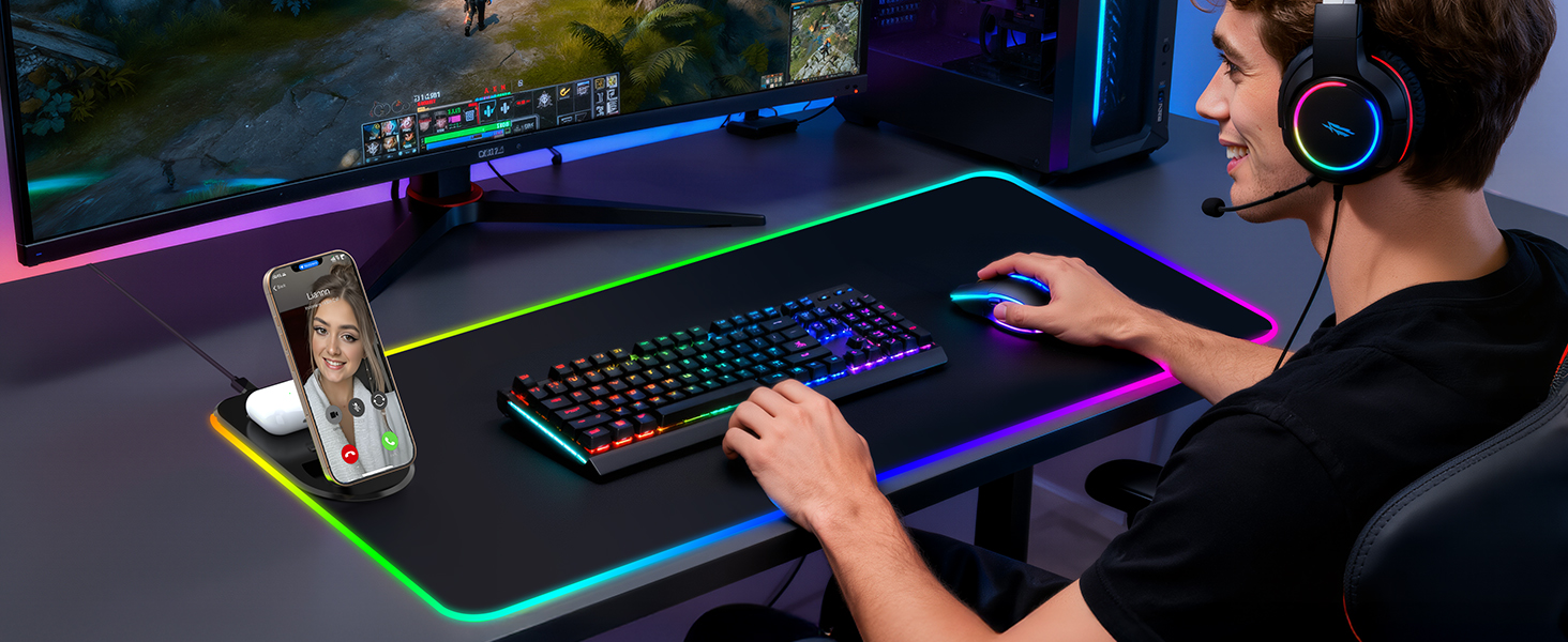 Ігровий RGB килимок для миші з бездротовою зарядкою Qi 15W, 800x350x4мм, 10 режимів підсвічування, швидка зарядка 10W для iPhone та навушників, водонепроникний, протиковзаючий (Чорний)