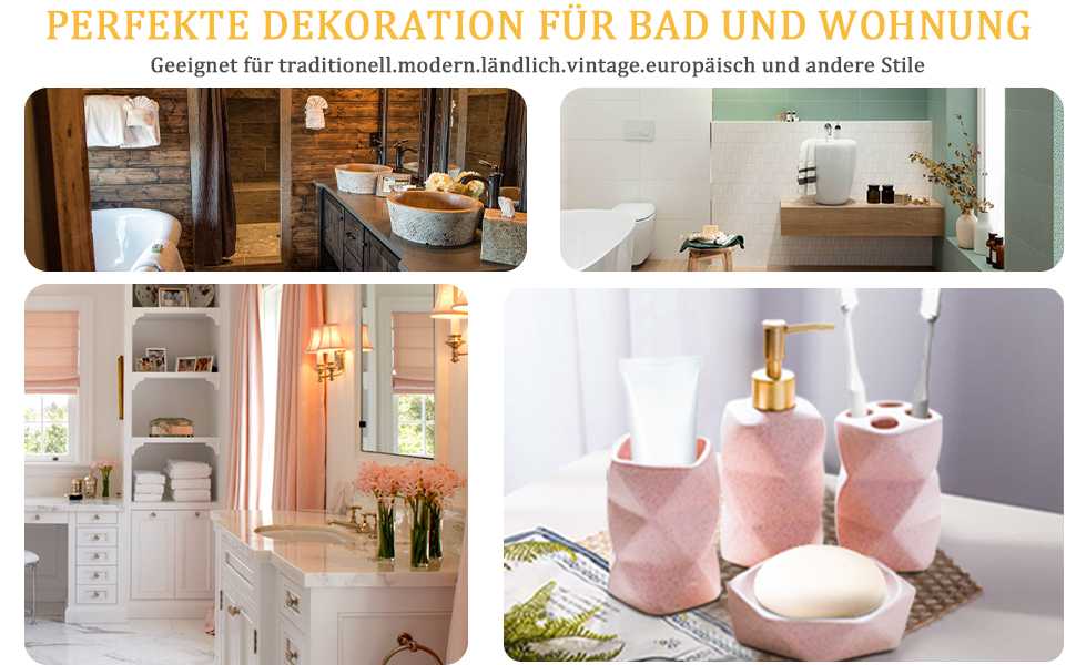 Набір для ванної кімнати 4 предмети, кераміка, рожевий: дозатор для мила, мильничка, стакан для зубних щіток, підставка для зубних щіток - декор для ванної