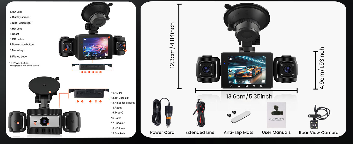 Автомобільна відеореєстратор (Dashcam) 4 Канали 360° з 4 камерами FHD 1080P (передня, задня, ліва, права), 2.4