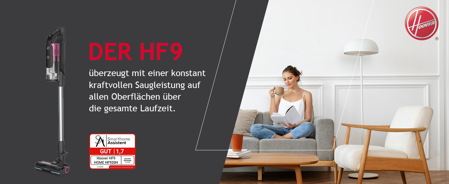 Бездротовий акумуляторний пилосос Hoover HF9 Home I 2 шт. акумулятори, до 240 м² та 60 хв роботи, потужний, бездротовий, без мішка, з LED-підсвічуванням та антизаплутувальною насадкою для будь-яких поверхонь