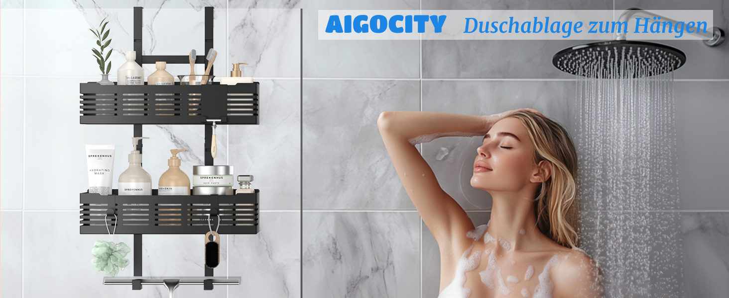 Поличка для душу AIGOCITY без свердління, чорна, для скляних душових кабін, з 3 гачками, регульована висота, для шампуню та гелю для душу