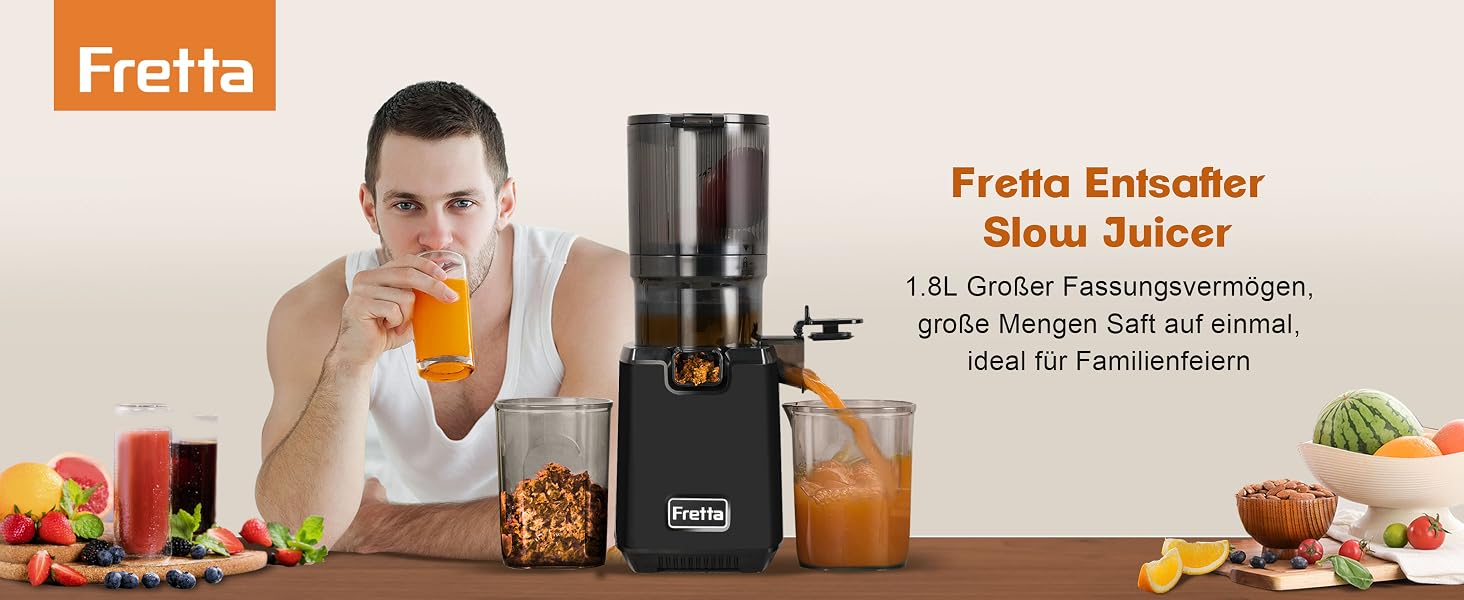 Шнекова соковижималка Fretta Slow Juicer для овочів та фруктів, матово-чорна