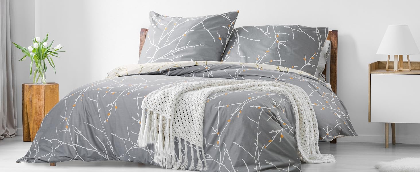 BEDSURE Комплект постільної білизни 135x200, бавовна, 4-х частинний, сірий/бежевий/помаранчевий. Комплект постільної білизни з ковдрою та двома наволочками 80x80 см, з принтом гілок, на блискавці, ÖKO-TEX, комплект постільної білизни