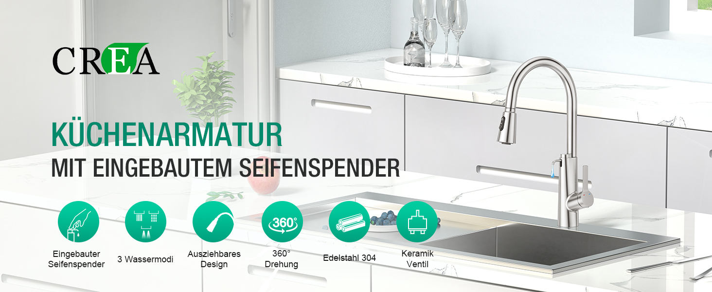Кран кухонний CREA Wasserfall висувний з дозатором мила, нержавіюча сталь, 360° обертання, 4 режими, з душем
