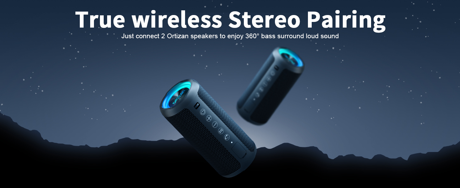 Портативна Bluetooth колонка Ortizan з RGB підсвічуванням, IPX7, 30 годин роботи, Bass Boost, TWS, AUX, TF картка, мікрофон (чорний)