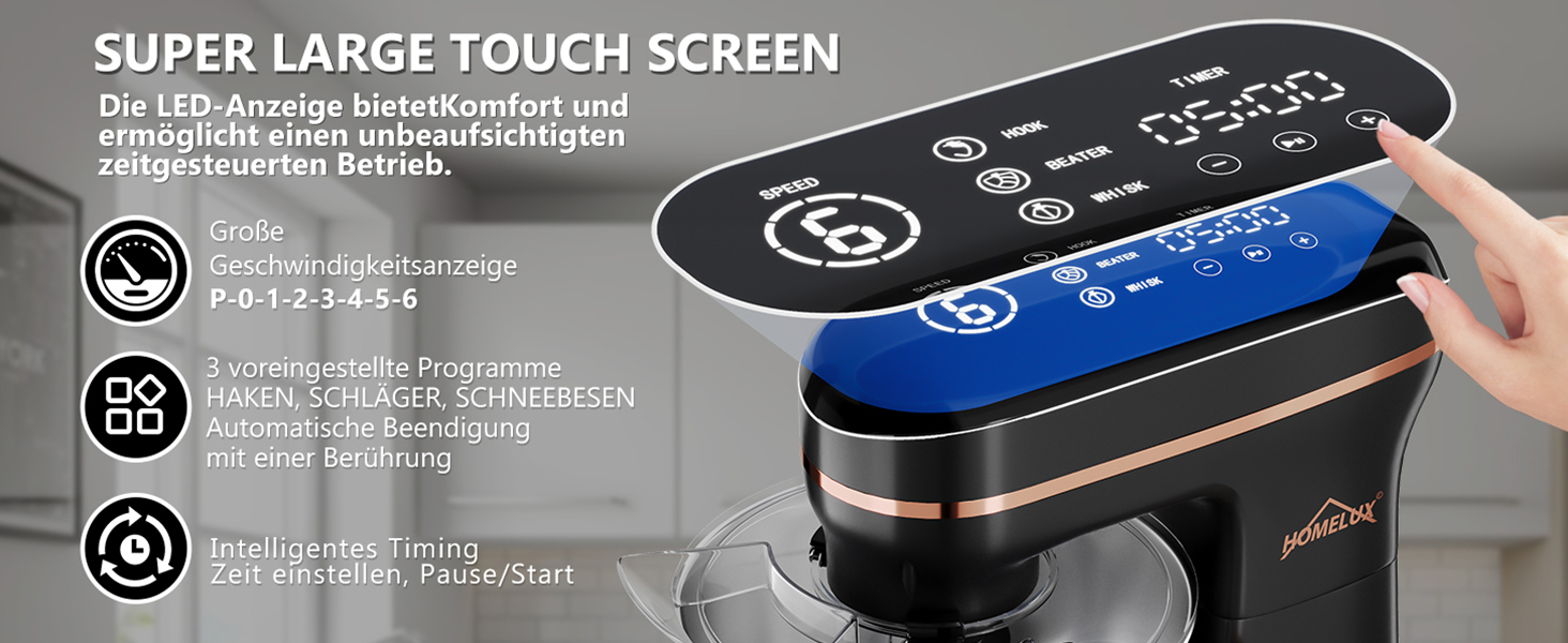 Кухонна машина HOMELUX 1800W з чашею 8 л з нержавіючої сталі, 6 швидкостей, LED-дисплей, насадки для замішування, збивання та нарізки, сіра