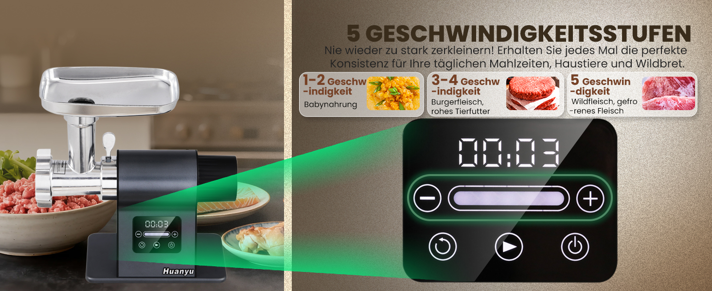 М'ясорубка електрична Huanyu 2000 Вт з сенсорним керуванням, багатофункціональна з 2 ножами та 3 дисками