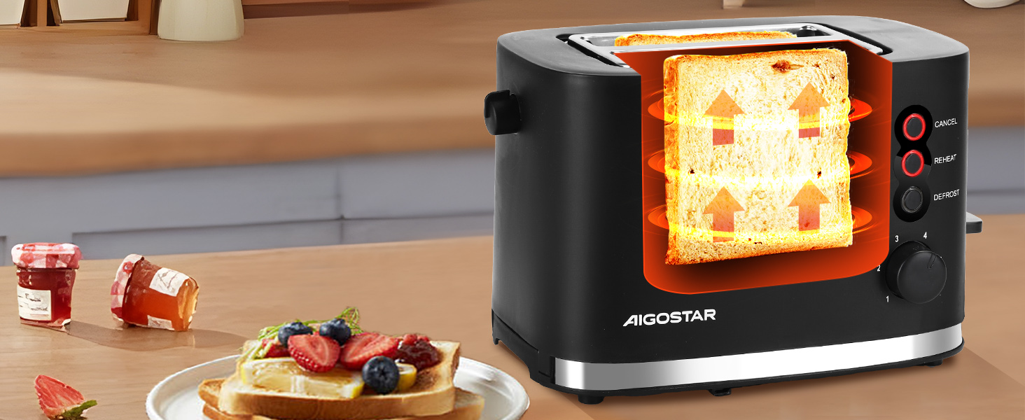 Тостер Aigostar Energy з 2 слотами для тостів, підставка для булочок, 6 рівнів підсмажування, функції відключення, розморожування та підігріву, знімний піддон для крихт, 800W, чорний