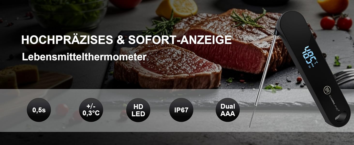 Термометр кухонний Charmline для м'яса, випічки та грилю, точне вимірювання ±0,3°C, автоматичне повороти дисплея