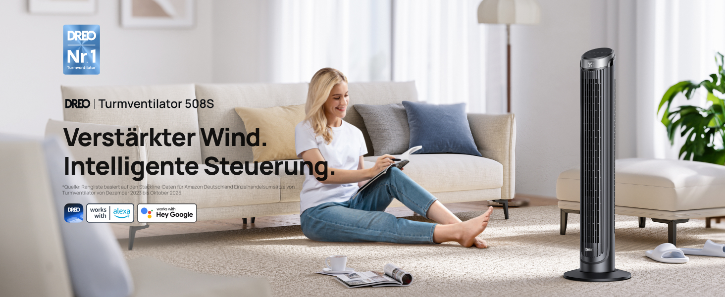 DREO Smart Tower Ventilator: Тихий вентилятор з Wi-Fi, дистанційним керуванням та керуванням голосом (Alexa), 90° осциляція, 5 швидкостей, 12-годинний таймер, сріблястий