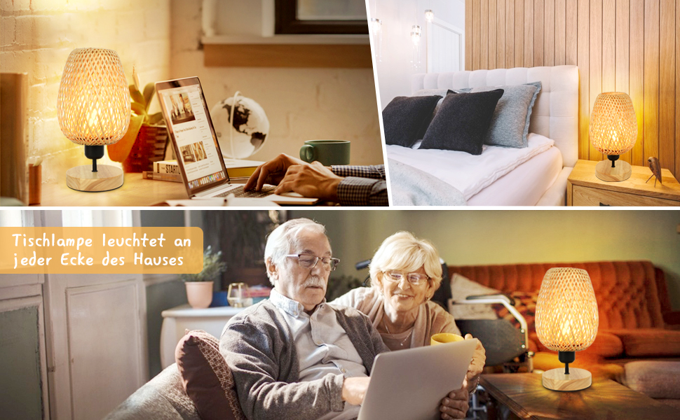 Сучасна LED лампа Depuley на стіл, бамбук та дерево, круглі, з абажуром з ротангу, 60 Вт, патрон E27, нічник, лампа для читання в спальню, дитячу кімнату, з лампочкою (Ellipse)