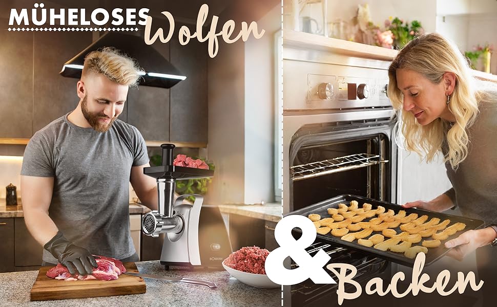 М'ясорубка електрична Bomann® FW 6067 CB Edelstahl (1000W) з насадкою для печива та вареників, 3 металеві диски, функція реверсу, набір для фаршу, нержавіюча сталь, модель 2024
