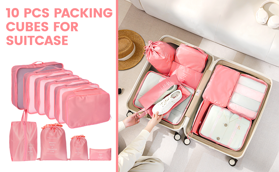 Органайзер для валізи Zorplex, набір 10 шт: кубики для пакування, аксесуари для подорожей, сумочки для одягу, взуття та косметики (рожевий)