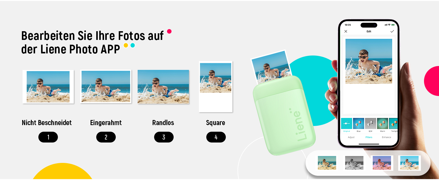 Портативний фотодрук Liene Pearl K100 Mini для смартфонів (5x7 см) - з 50 аркушами Zink фотопаперу з клейкою основою, Bluetooth, 300DPI, сумісний з iOS & Android, вбудований акумулятор, білий/зелений
