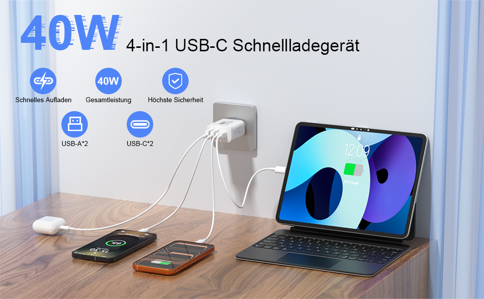 Зарядний пристрій USB-C 2-в-1, 4 порти 40W, PD 3.0 для iPhone 17/16/15/14/13/12/11 Pro/Max/Plus/XR/XS, iPad, Samsung - Швидка зарядка