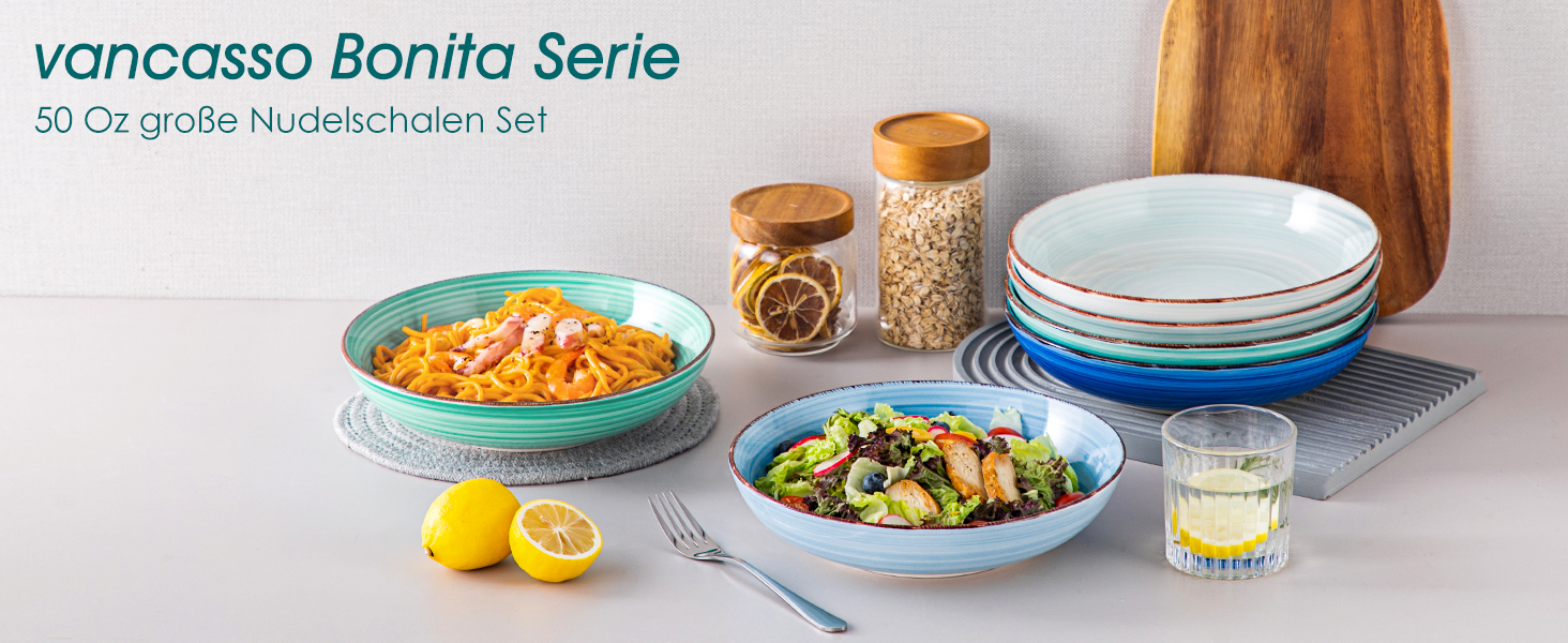 Набір Suppenteller Vancasso Bonita (6 шт.) з кераміки: тарілки для супу, пасти, спагеті, рамену, салатів, універсальні (1.4 л, блакитні)