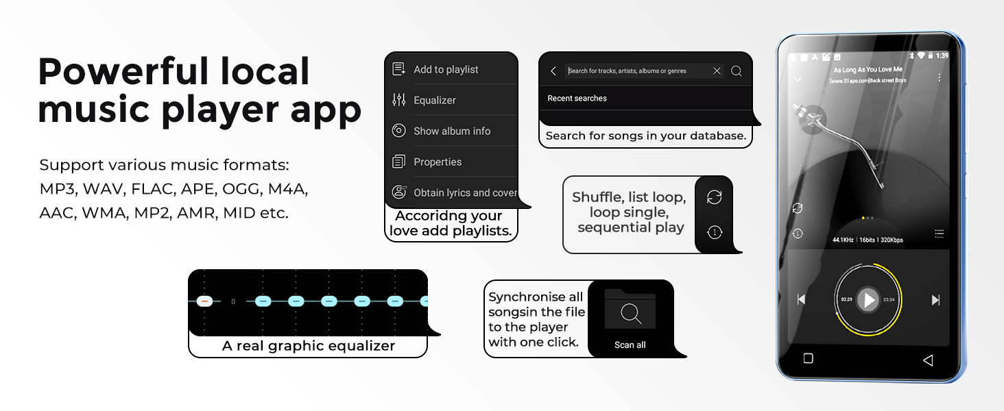 MP3 плеєр 160GB з Bluetooth та WiFi, Android плеєр для дітей з сенсорним екраном 4