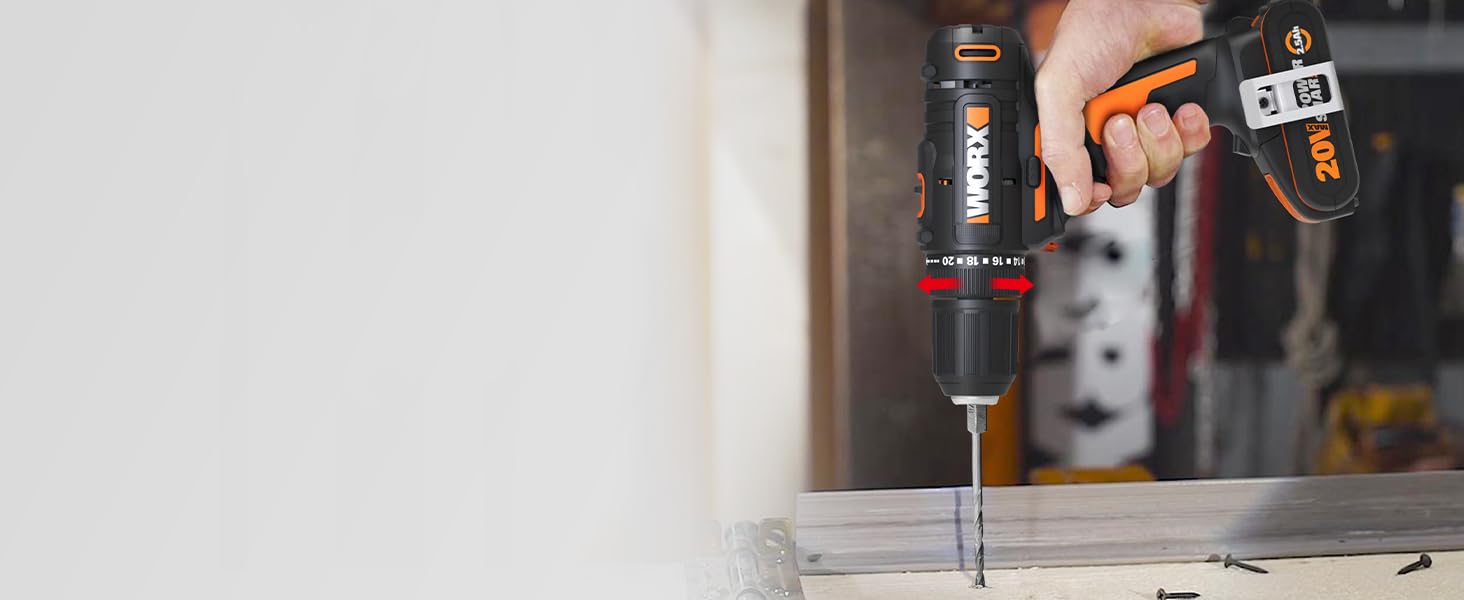 Акумуляторний дриль-шуруповерт WORX WX108 20V – універсальний інструмент для свердління та закручування, 20+1 момент затягування, 40Nm, 13мм патрон, 2 x 2Ah акумулятори, зарядний пристрій