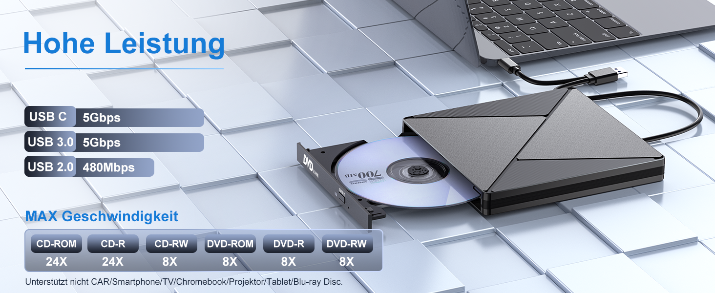 Зовнішній CD/DVD привід USB 3.0 та USB-C, оптичний накопичувач CD/DVD +/-RW ROM для ноутбука, ПК, MacBook, iMac (Windows, MacOS, Linux)