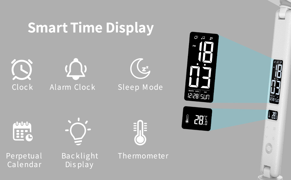 LED настільна лампа з USB зарядкою, годинником, LCD дисплеєм та регулюванням температури для спальні, офісу (біла)