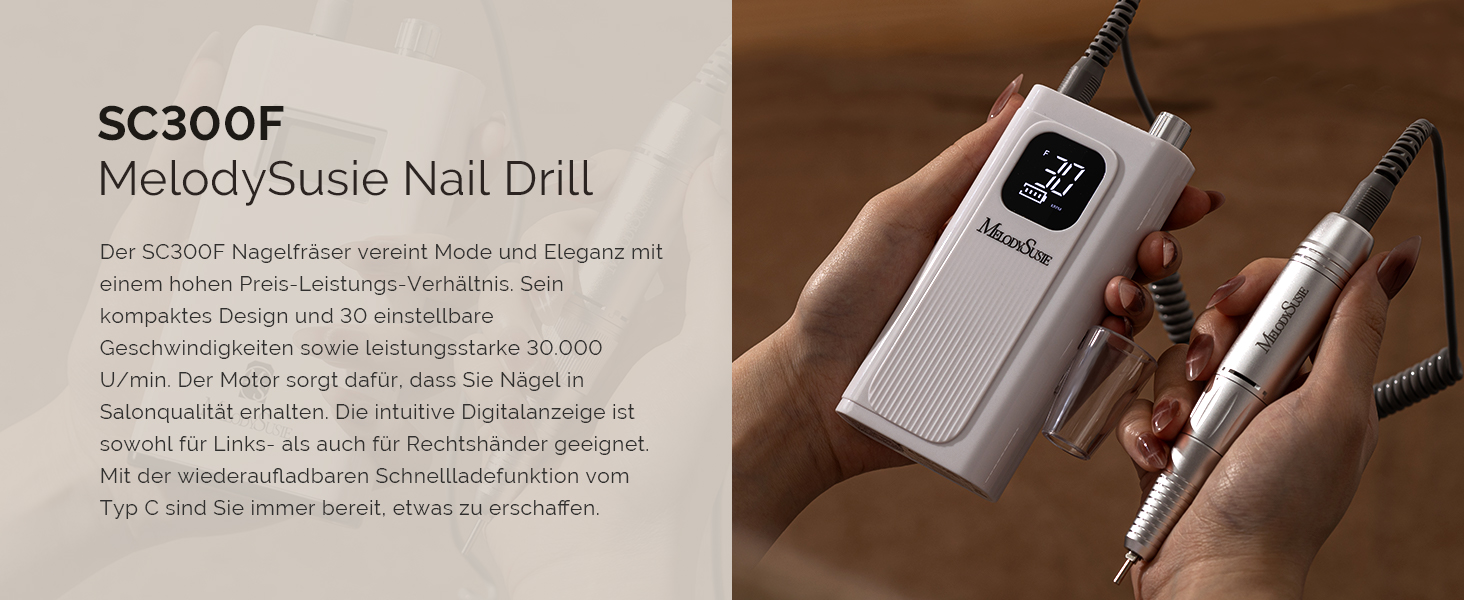 MelodySusie SC300F Професійний насадковий фрезер для нігтів, електрична насадка для манікюру, 30000 об/хв, LCD-дисплей, регулювання швидкості, для акрилу та гелю, для салону, білий