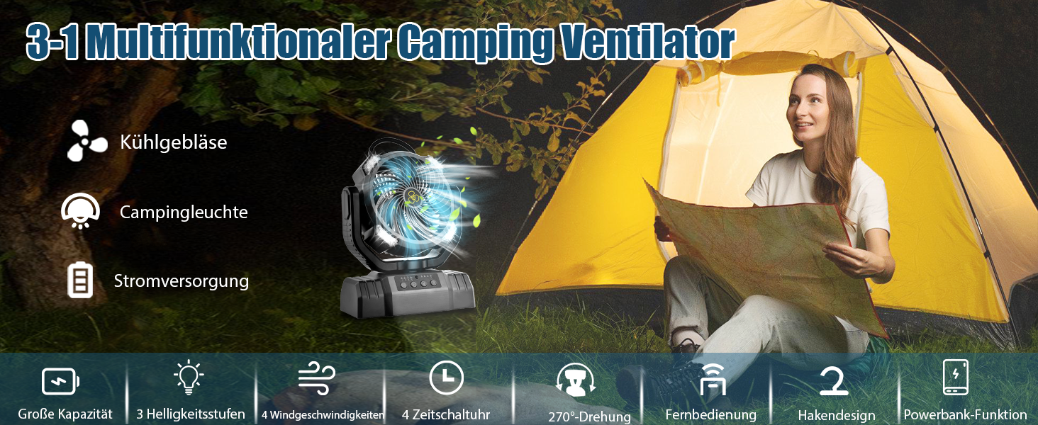 Портативний вентилятор для кемпінгу з акумулятором 10000mAh, LED-ліхтар, 270° обертання, USB-зарядка, для намету, відпочинку на природі, риболовлі, офісу (Чорний)
