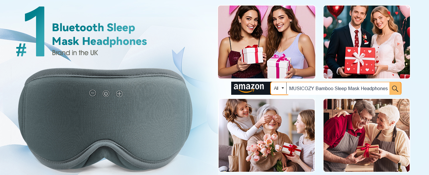 Маска для сну MUSICOZY з навушниками | 3D маска для сну з Bluetooth 5.4, 100% затемнення, з біо-бамбукової бавовни, для подорожей, сіра