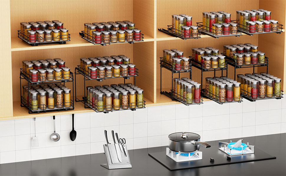 Pull-out Spice Rack, Cabinet Organizer for Kitchen, 2-Tier Spice Storage, Upper and lower baskets can be pulled out independently, Height adjustable for most kitchen cabinets