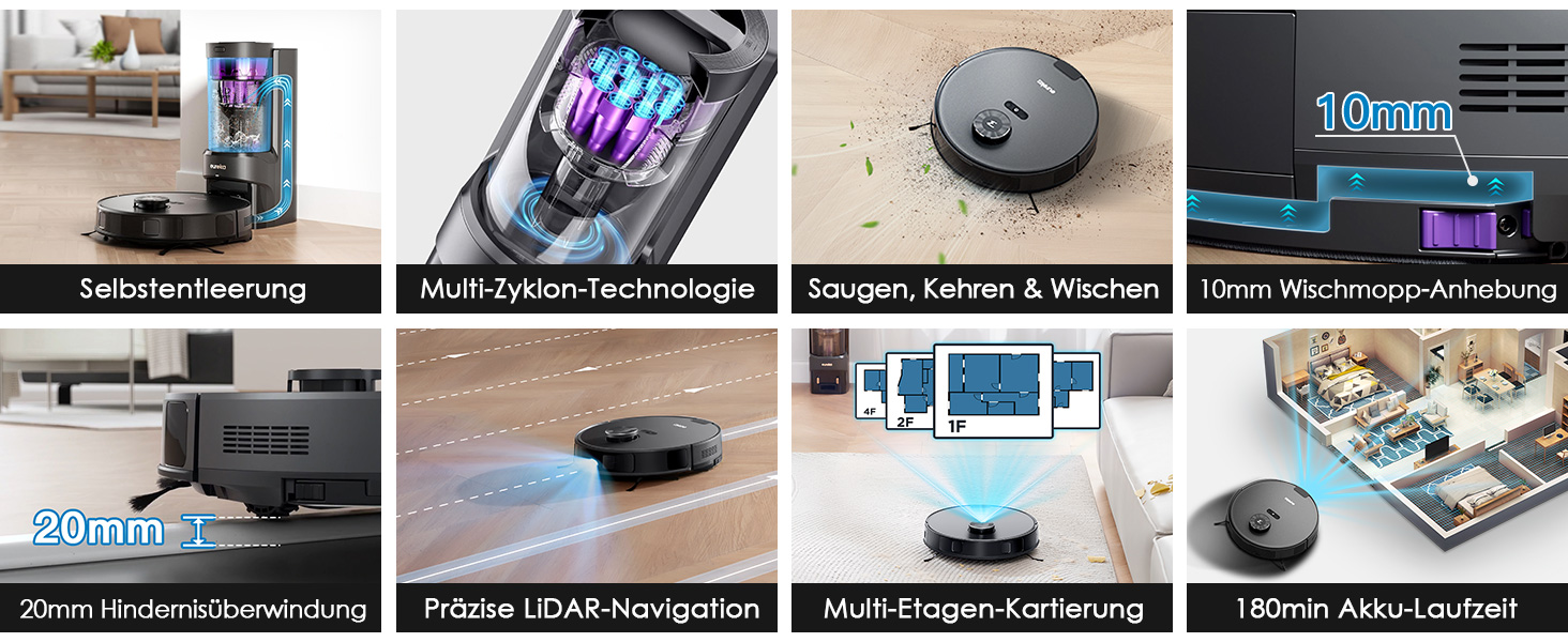 Робот-пилосос EUREKA E10s 2.Gen з вологою тканиною + станція самоочищення (4000Pa, автовизначення килима, підйом мопа, LiDAR-навігація, ідеально проти шерсті тварин, керування через додаток/голос) чорний