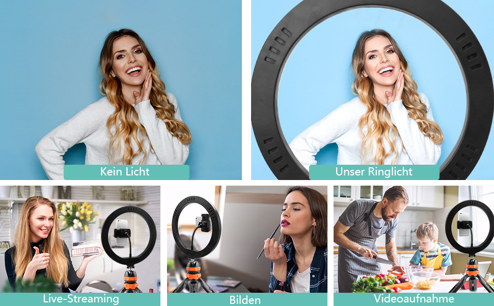 LED кільцева лампа з штативом для телефону 26 см (10 дюймів) - 3 режими світла, 11 рівнів яскравості, регульована, для селфі, макіяжу, стрімінгу