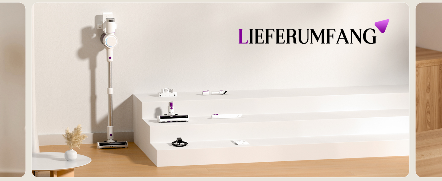 Бездротовий акумуляторний пилосос 45000 Па, 60 хв, 1.75 кг, 6-в-1 з сенсорним екраном, LED-підсвічуванням, антизаплутувальною насадкою та зарядною станцією, 7-шарова фільтрація для шерсті тварин, килимів, твердих поверхонь, авто, білий з фіолетовим