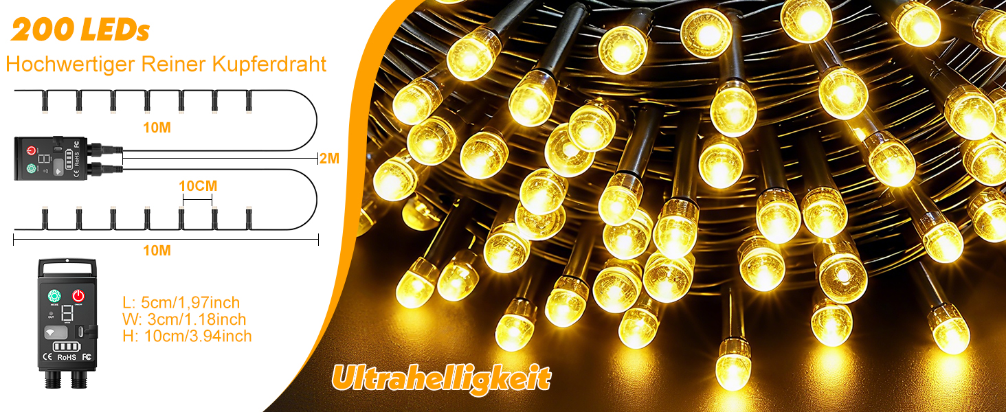 LED ліхтарна гірлянда на батарейках, 10 метрів, для вулиці, 8 режимів, IP44, вологостійка, з пультом дистанційного керування, таймером, для декору на Різдво, у сад, на вечірку (2x100LED)