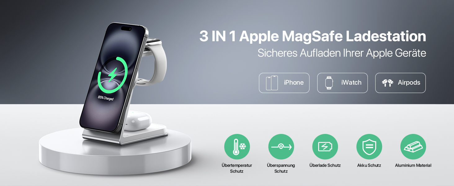 Зарядний стан MagSafe 3 в 1: для Apple Watch, iPhone та AirPods Pro 3/2. Бездротова зарядка для iPhone 16/15/14/13/12 (срібло)