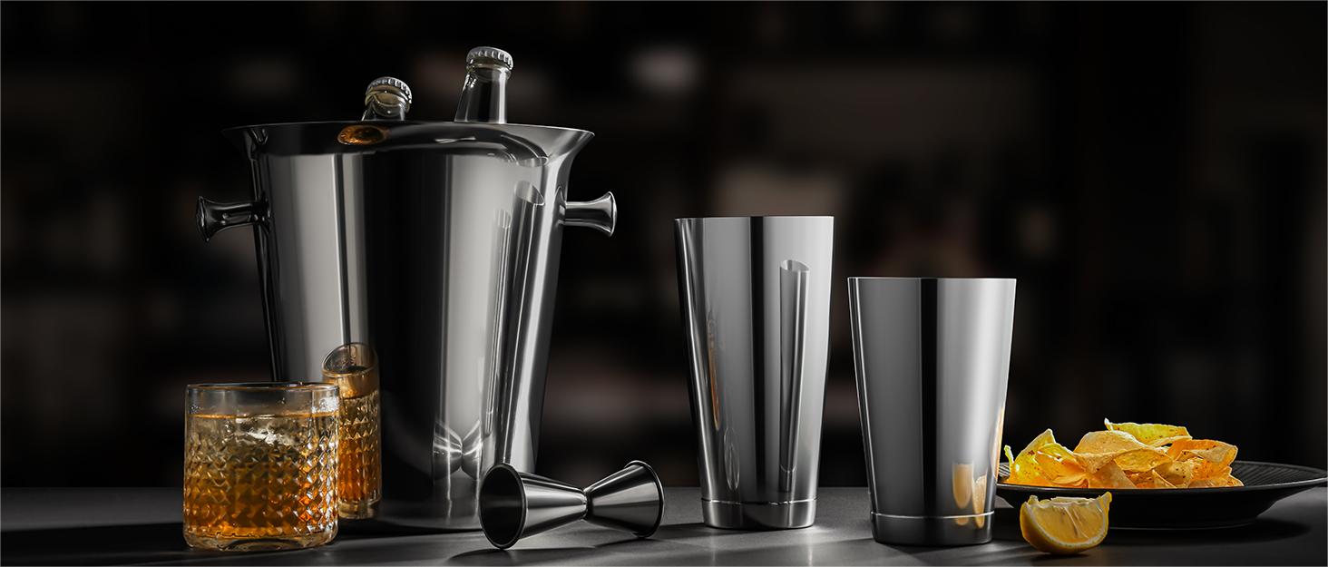 Шейкер для коктейлів WOTOR Boston 18oz/28oz (нержавіюча сталь), з ситечком та подвійним мірним стаканом - професійний барний інвентар
