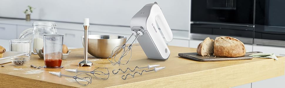 Міксер Bosch Styline MFQ4075DE: 550 Вт, 5 швидкостей + турбо, 2 віна, 2 гаки для тіста, блендер, чаша, білий/срібний