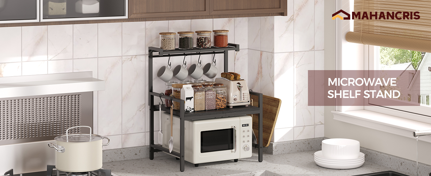 Поличка для мікрохвильової печі, кухонна поличка, 2 яруси, з підставкою для обробної дошки, органайзер з 8 гачками, чорний, ABRBN5301