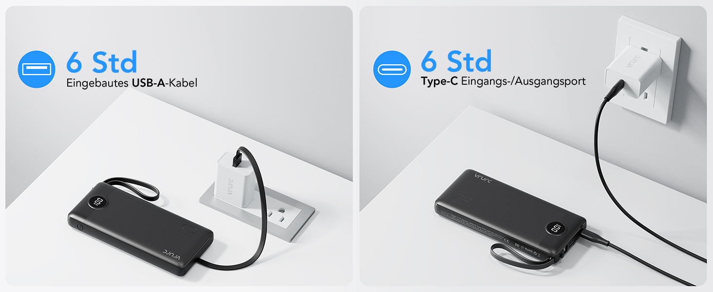 Power Bank VRURC 10000mAh з 4 кабелями, портативний акумулятор USB-C для iPhone/Huawei/Samsung, LED-дисплей, 5 виходів, чорний
