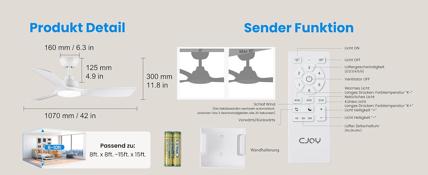 Стеляний вентилятор CJOY з підсвіткою, 107 см, з пультом керування, DC, тихий, з функцією реверсу, пам'ять 3CCT, диммування, 6 швидкостей, таймер для спальні, білий