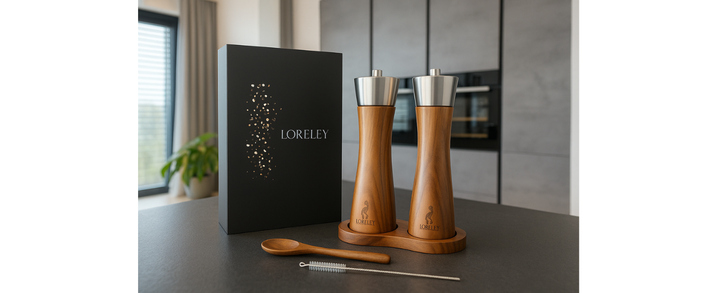 Мельниця для солі та перцю LORELEY® Mittelrhein Germany з дерев'яним корпусом та керамічним механізмом – з підставкою та пензлем – подарункова упаковка | Подарунок на весілля/новосілля (преміум нержавіюча сталь)