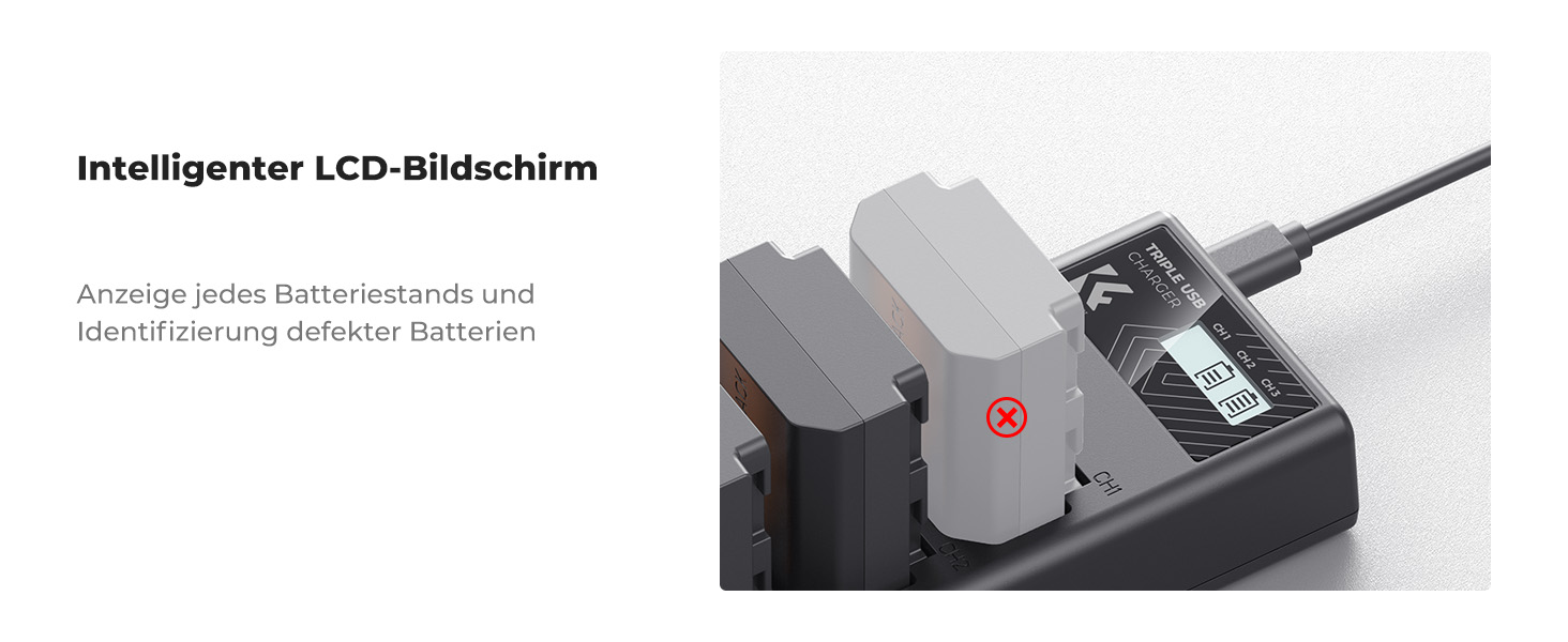 Зарядний пристрій K&F CONCEPT NP-FZ100 для камер Sony: A7iii, A7iv, A7Rv, A6700, A6600, A9, A1, FX3, FX30, ZV-E1 з LCD дисплеєм (3 слоти)